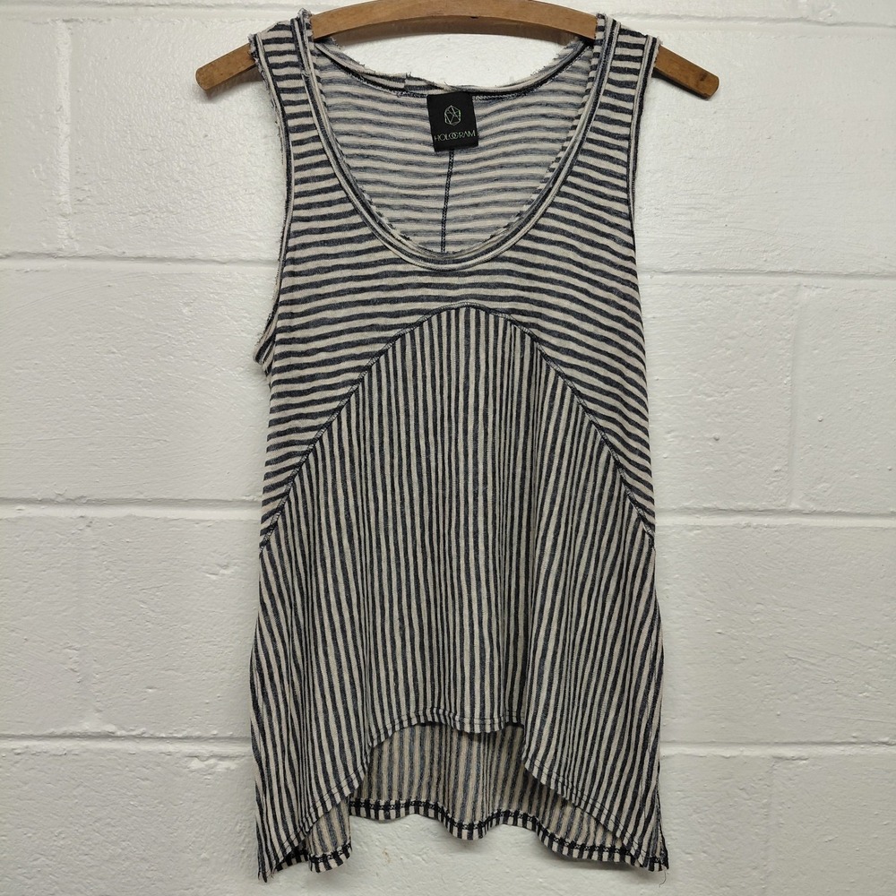 HOLOGRAM Blue Beige Stripe Sz SMALL High Low Tank Top Side Slit Nautical Coastal